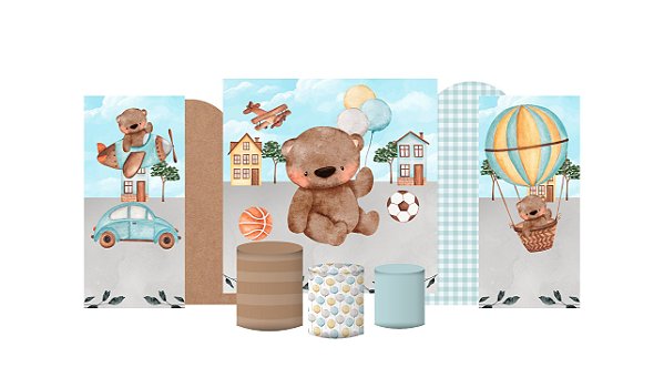 Kit Festa Pronta Painéis e Capas de Cilindro Em Tecido Ursinho Menino