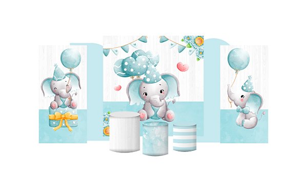 Kit Festa Pronta Painéis e Capas de Cilindro Em Tecido Elefantinho Menino