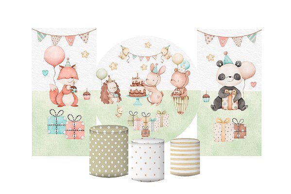 Super Kit Painel De Festa e Capas de Cilindro em tecido sublimado Aniver no Bosque