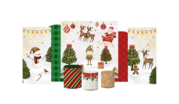 Kit Festa Pronta Painéis e Capas de Cilindro Em Tecido Natal Clássico