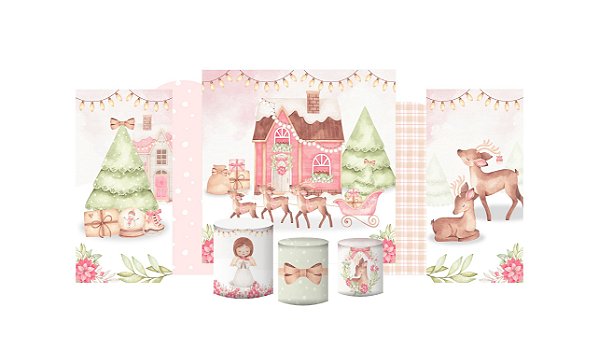 Kit Festa Pronta Painéis e Capas de Cilindro Em Tecido Natal Candy