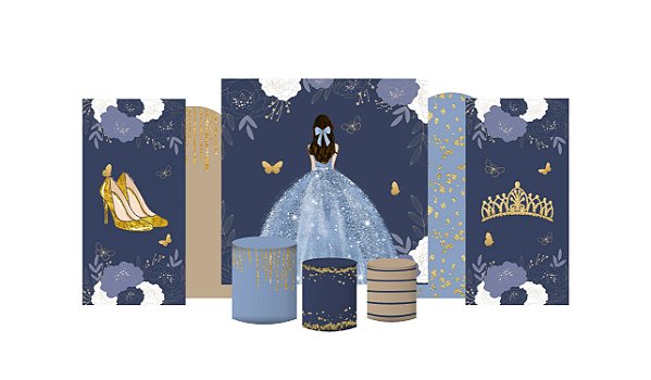 Kit Festa Pronta Painéis e Capas de Cilindro Em Tecido Meus 15 Anos Glitter
