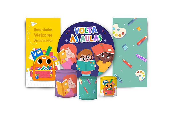 Super Kit Painel De Festa e Capas de Cilindro em tecido sublimado Volta as aulas