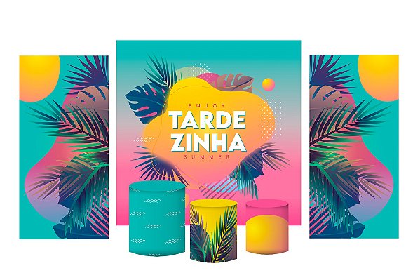 Super Kit Painel De Festa e Capas de Cilindro em tecido sublimado Tardezinha Verde e Rosa