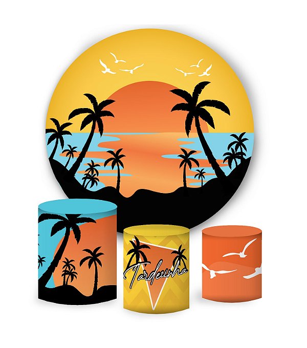 Kit Painel Redondo De Festa e Capas de Cilindro em tecido sublimado Tardezinha Laranja