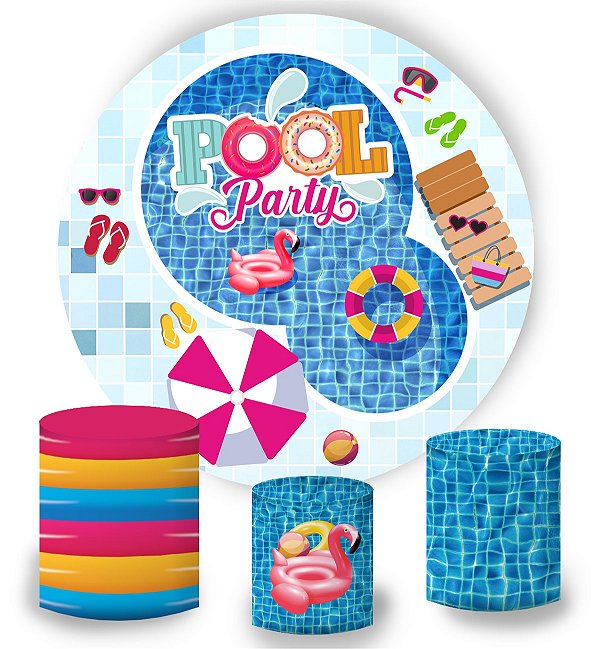 Kit Painel Redondo De Festa e Capas de Cilindro em tecido sublimado Pool Party Verão