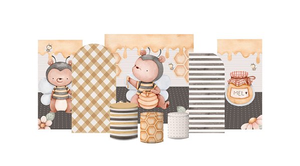 Kit Festa Pronta Painéis e Capas de Cilindro Em Tecido Urso Abelha