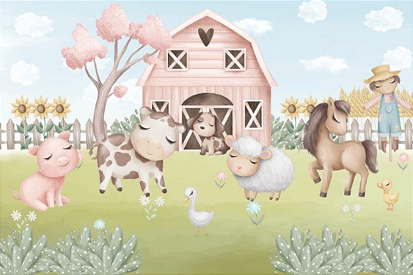 Painel de Festa em Tecido Sublimado Fazendinha Cute