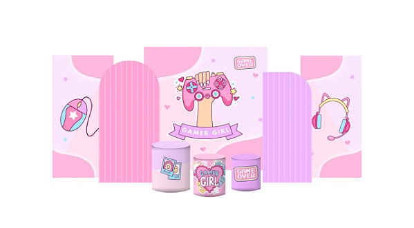 Kit Festa Pronta Painéis e Capas de Cilindro Em Tecido Game Girl