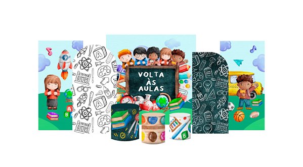 Kit Festa Pronta Painéis e Capas de Cilindro Em Tecido Volta às Aulas