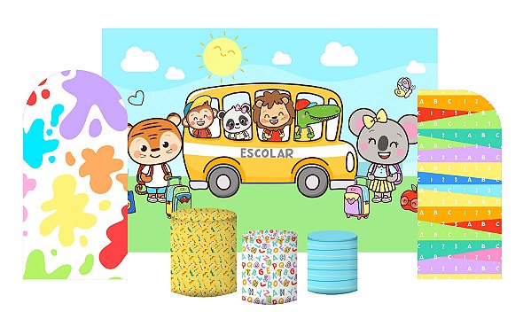 Kit Festa Pronta Painéis e Capas de Cilindro Em Tecido Volta às Aulas na Escolinha