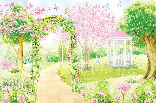 Painel de Festa em Tecido Sublimado Jardim com Arco