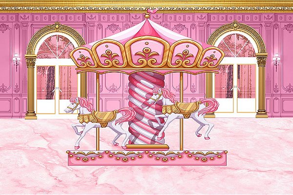 Painel de Festa em Tecido Sublimado Carrossel Rosa