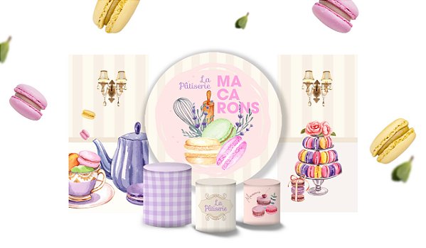 Super Kit Painel De Festa e Capas de Cilindro em tecido sublimado Patisserie Macarons