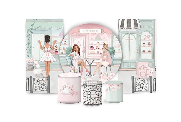 Super Kit Painel De Festa e Capas de Cilindro em tecido sublimado Patisserie Paris