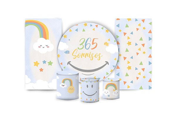 Super Kit Painel De Festa e Capas de Cilindro em tecido sublimado 365 Sorrisos