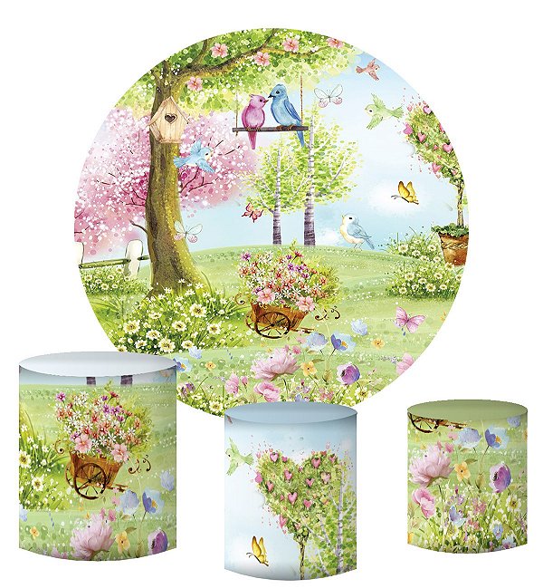 Kit Painel Redondo De Festa e Capas de Cilindro em tecido sublimado Jardim Encantado das Flores