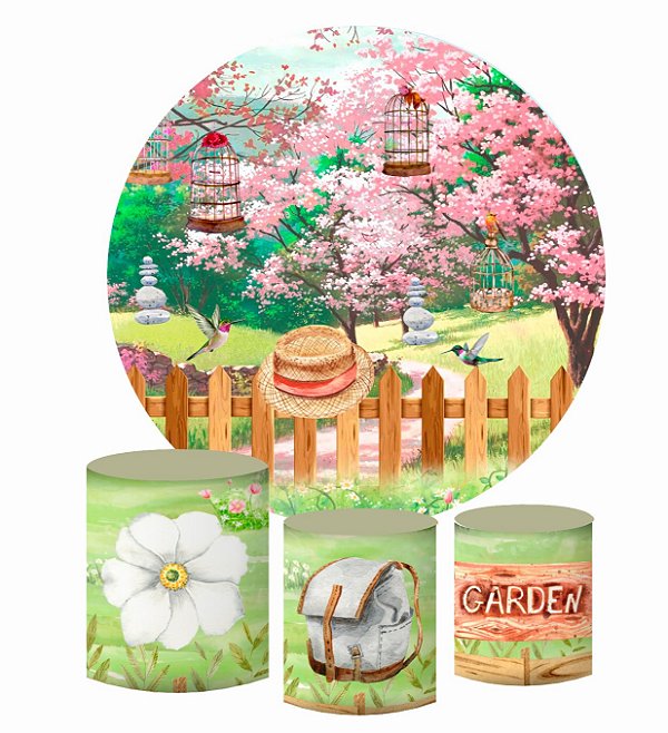 Kit Painel Redondo De Festa e Capas de Cilindro em tecido sublimado Jardim dos Ipês