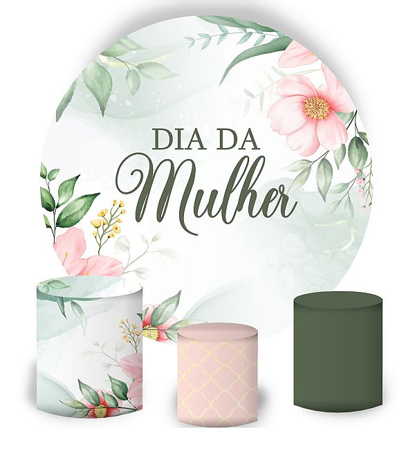 Kit Painel Redondo De Festa e Capas de Cilindro em tecido sublimado Dia da Mulher Verde