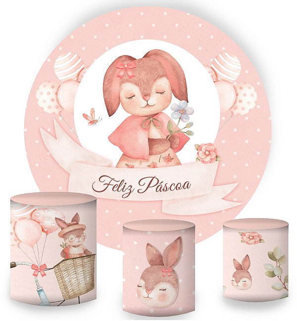 Kit Painel Redondo De Festa e Capas de Cilindro em tecido sublimado Coelha da Páscoa Rosa