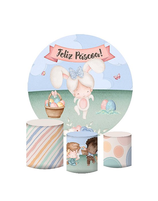 Kit Painel Redondo De Festa e Capas de Cilindro em tecido sublimado Páscoa Fofinha Aquarelada