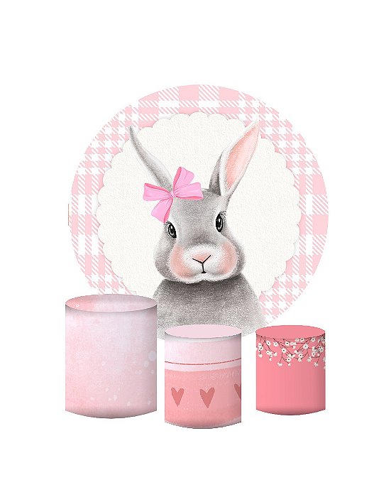 Kit Painel Redondo De Festa e Capas de Cilindro em tecido sublimado Páscoa Rosa Fofa