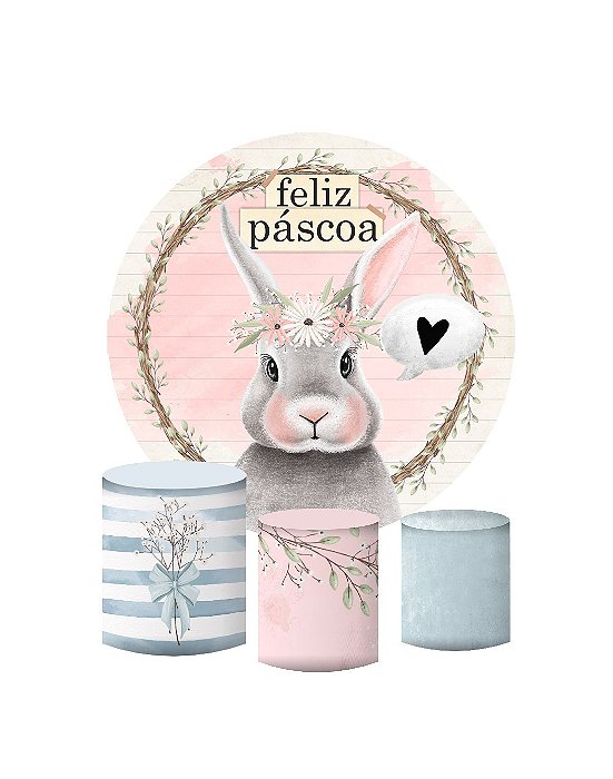 Kit Painel Redondo De Festa e Capas de Cilindro em tecido sublimado Feliz Páscoa Delicado