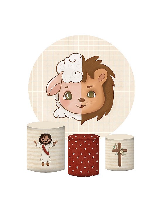 Kit Painel Redondo De Festa e Capas de Cilindro em tecido sublimado Páscoa Cordeiro e Leão