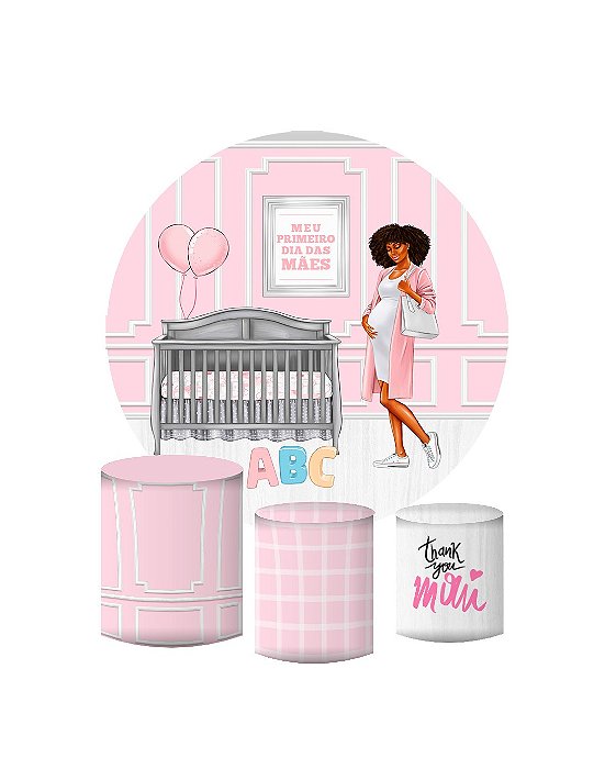 Kit Painel Redondo De Festa e Capas de Cilindro em tecido sublimado Primeiro dia das mães Rosa