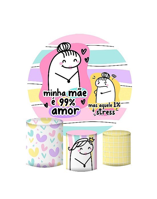 Kit Painel Redondo De Festa e Capas de Cilindro em tecido sublimado Dia das Mães Flork Meme
