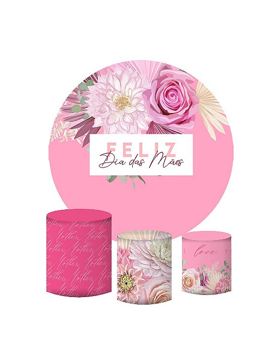 Kit Painel Redondo De Festa e Capas de Cilindro em tecido sublimado Dia das Mães Floral Rosa