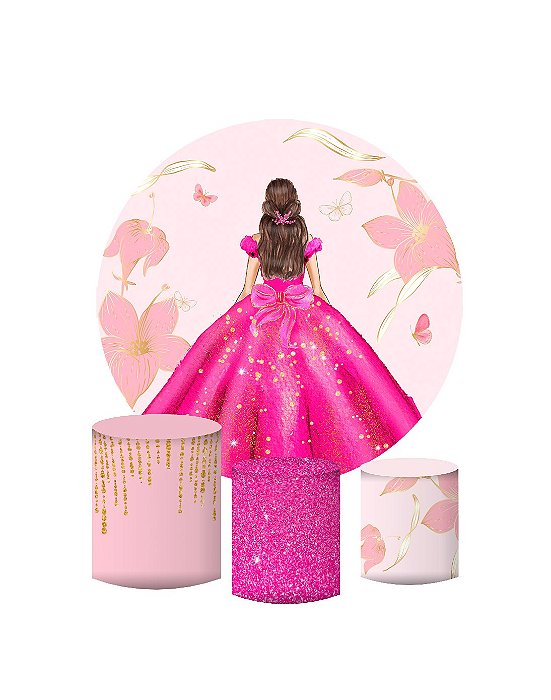 Kit Painel Redondo De Festa e Capas de Cilindro em tecido sublimado Meus 15 Anos Glitter Pink
