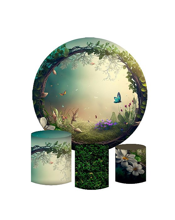 Kit Painel Redondo De Festa e Capas de Cilindro em tecido sublimado Portal na Floresta