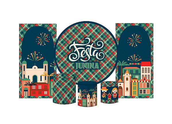 Super Kit Painel e Capas de Cilindro em tecido sublimado Festa Junina Xadrez 1,50m