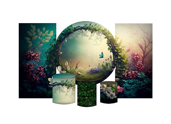 Super Kit Painel e Capas de Cilindro em tecido sublimado Floresta Portal 1,50m