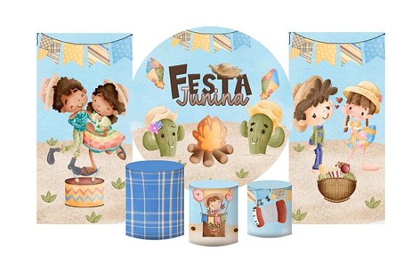 Super Kit Painel e Capas de Cilindro em tecido sublimado Festa Junina Fogueirinha 1,50m