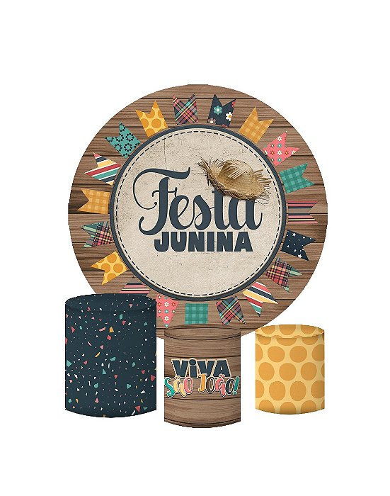 Kit Painel Redondo De Festa e Capas de Cilindro em tecido sublimado Festa Junina Viva São João