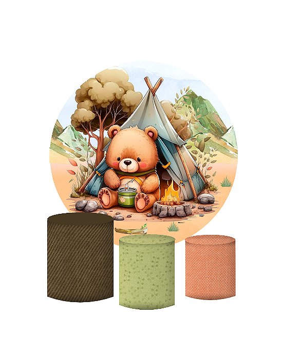 Kit Painel Redondo De Festa e Capas de Cilindro em tecido sublimado Ursinhos Acampamento