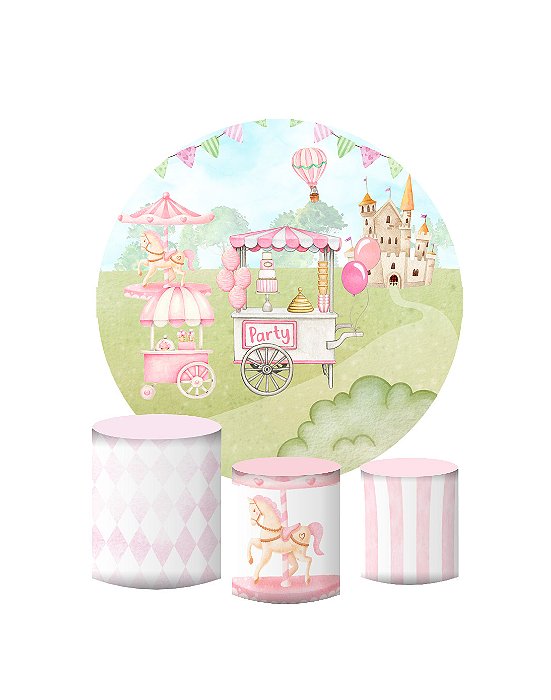 Kit Painel Redondo De Festa e Capas de Cilindro em tecido sublimado Lindo Circo Rosa Aquarela