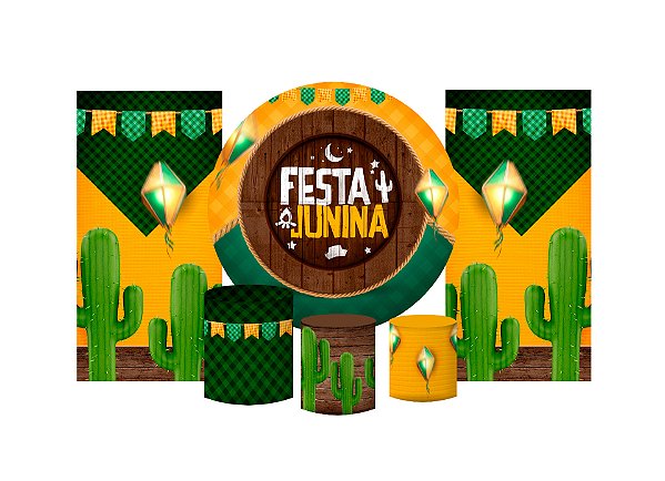 Super Kit Painel e Capas de Cilindro em tecido sublimado Festa Junina Verde Amarela 1,50m