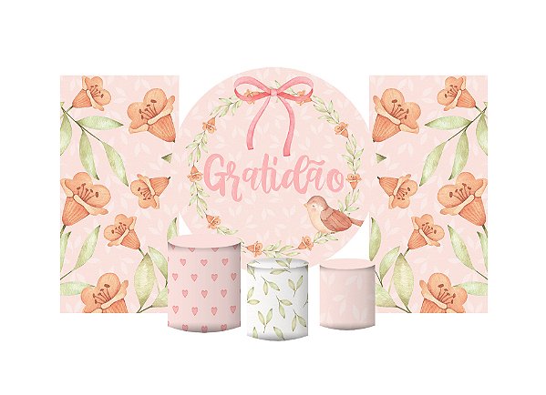 Super Kit Painel e Capas de Cilindro em tecido sublimado Gratidão Passarinhos 1,50m