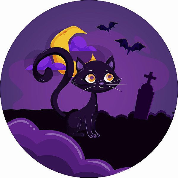 Painel de Festa Redondo em Tecido Sublimado Gatinho do Halloween 1,50m