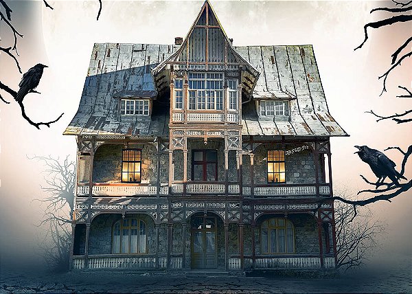 Painel de Festa em Tecido Sublimado Casa Mal Assombrada Halloween