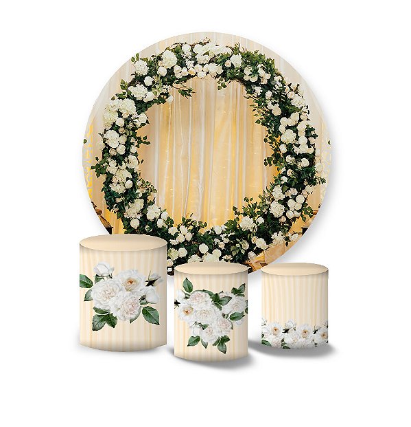 Kit Painel De Festa e Capas de Cilindro Tecido sublimado Arco De Flores