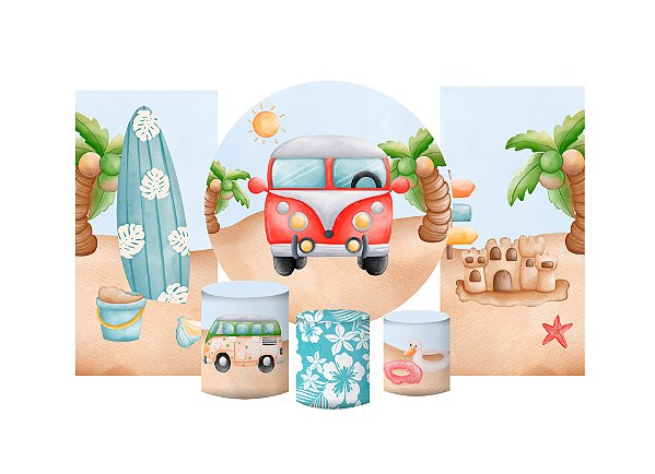 Super Kit Painel e Capas de Cilindro em tecido sublimado Kombi Verão Tropical 1,50m