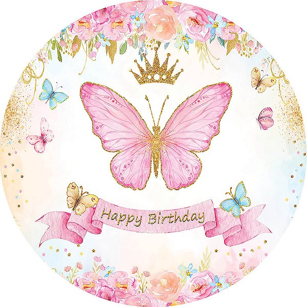 Painel de Festa Redondo em Tecido Borboleta Happy Birthday 1,50m