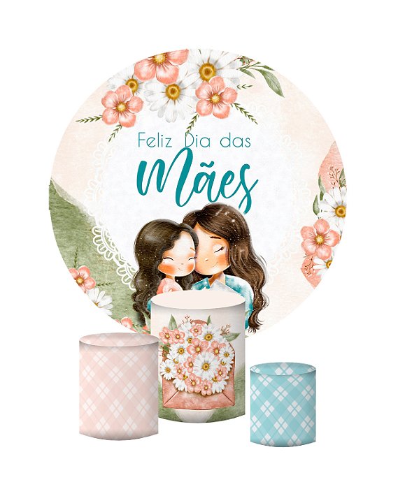 Kit Painel De Festa e Capas de Cilindro Tecido sublimado Feliz Dia das Mães Com Flores