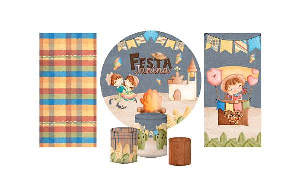 Super Kit Painel e Capas de Cilindro em tecido sublimado Festa Junina Vila 1,50m