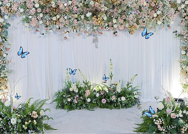 Painel de Festa em Tecido Sublimado Cortina de Flores Borboletas