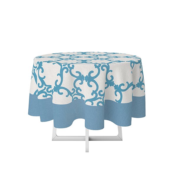 Toalha de Mesa de Festa Redonda em Tecido Sublimado Arabesco Azul 2,20m x 2,20m